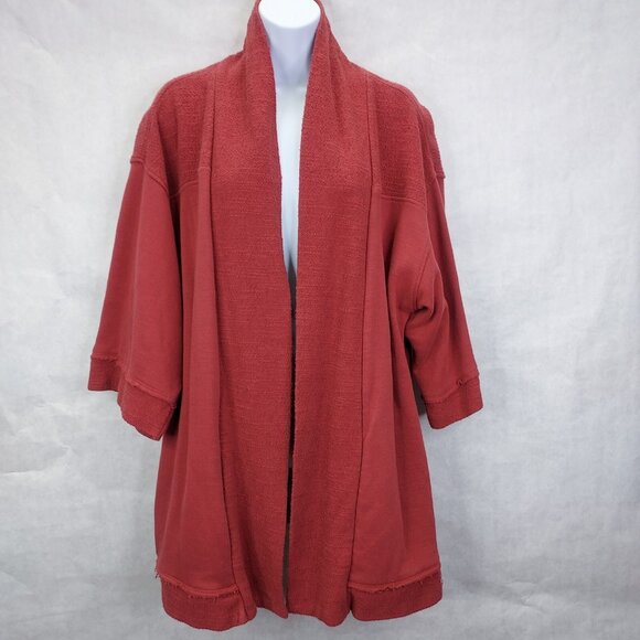 Soft Surroundings Cardigan Women Petite L/XL Open Front Pockets Slub Cotton Ocre - Picture 1 of 14